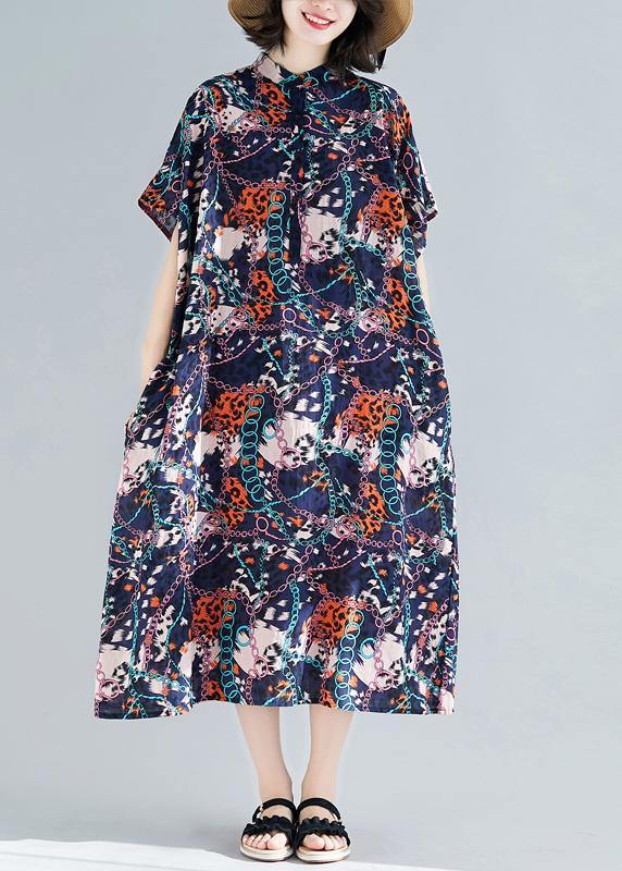 Vivid Dark Blue Print Cotton Linen Outfit Stand Collar Pockets Summer Dresses