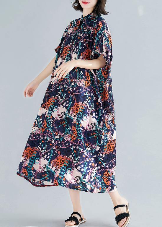 Vivid Dark Blue Print Cotton Linen Outfit Stand Collar Pockets Summer Dresses