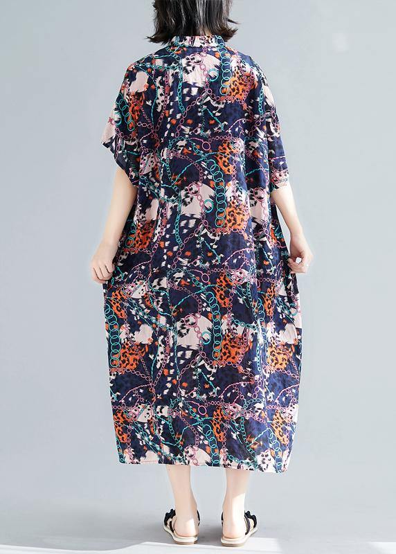 Vivid Dark Blue Print Cotton Linen Outfit Stand Collar Pockets Summer Dresses