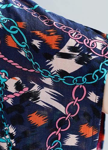 Vivid Dark Blue Print Cotton Linen Outfit Stand Collar Pockets Summer Dresses