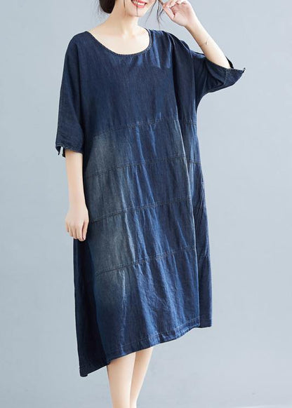 Vivid Denim Blue Cotton Quilting Dresses Fabrics O Neck Kaftan Summer Dresses