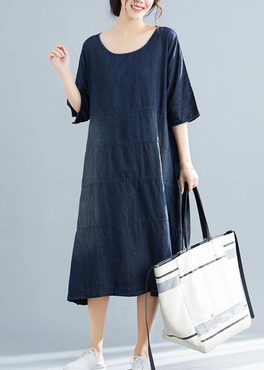 Vivid Denim Blue Cotton Quilting Dresses Fabrics O Neck Kaftan Summer Dresses
