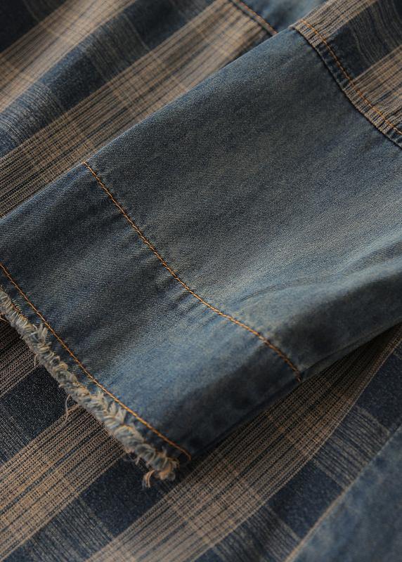 Vivid Denim Blue Plaid Tunic Hooded Button Down Dress