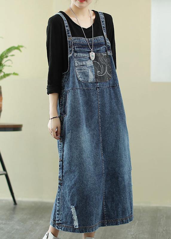 Vivid Denim Blue-white Flowers Tunic Dress Slash Neck Hole Maxi Dress