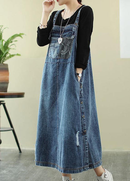 Vivid Denim Blue-red Flower Tunic Dress Slash Neck Hole Maxi Dress