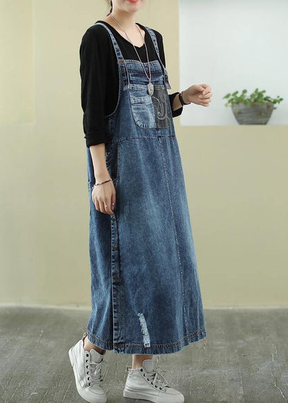 Vivid Denim Blue-letter Tunic Dress Slash Neck Hole Maxi Dress