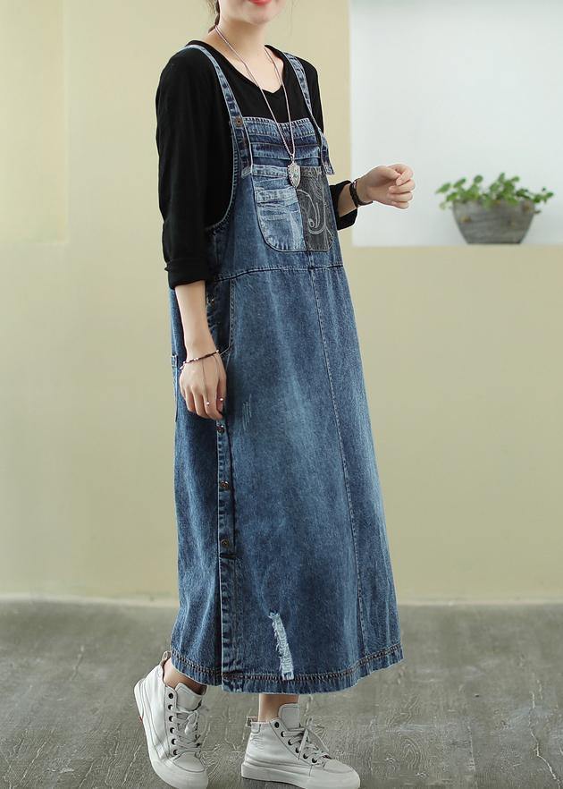 Vivid Denim Blue-letter Tunic Dress Slash Neck Hole Maxi Dress