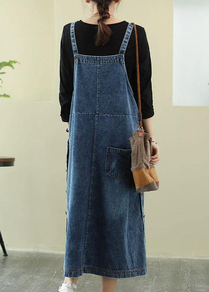 Vivid Denim Blue-white Flowers Tunic Dress Slash Neck Hole Maxi Dress