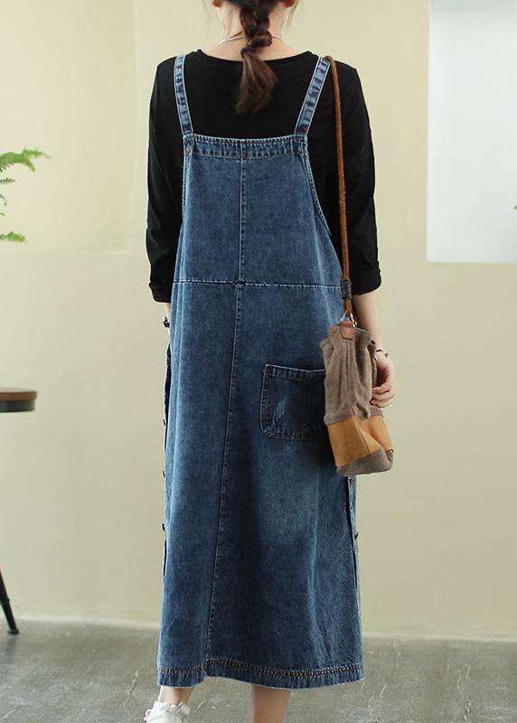 Vivid Denim Blue-red Flower Tunic Dress Slash Neck Hole Maxi Dress