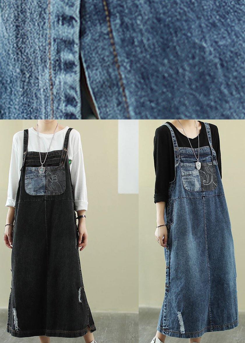 Vivid Denim Blue-white Flowers Tunic Dress Slash Neck Hole Maxi Dress