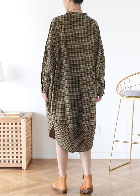 Vivid Green Plaid Quilting Clothes Pockets Fall Dress