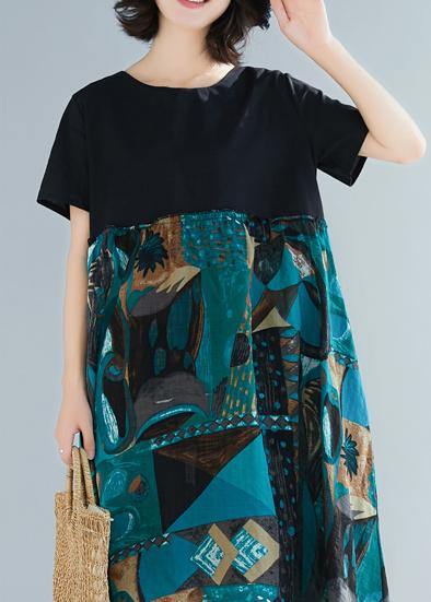 Vivid Green Prints Linen Tunic O Neck Daily Short Sleeve Dress