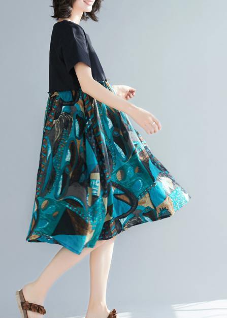 Vivid Green Prints Linen Tunic O Neck Daily Short Sleeve Dress