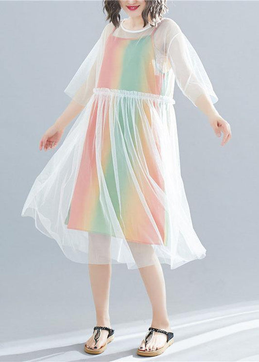 Vivid Half Sleeve Tulle Quilting Clothes Pattern White Dress Summer