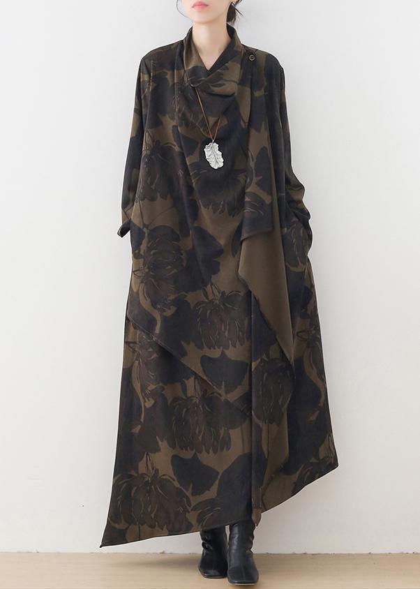Vivid High Neck Asymmetric Tunics for Sewing Green Print Loose Dresses