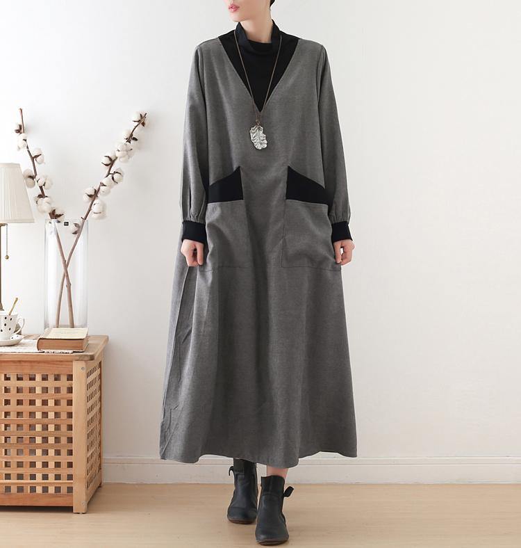 Vivid High Neck Pockets Tunics Outfits Gray Maxi Dress