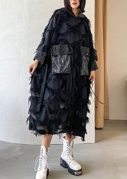 Vivid Hooded Tassel Quilting Clothes Outfits Black Robe Dresses