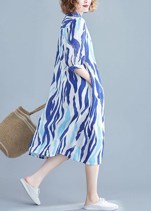 Vivid Lapel Half Sleeve Chiffon Dresses Runway Blue Striped Dress