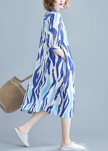 Vivid Lapel Half Sleeve Chiffon Dresses Runway Blue Striped Dress