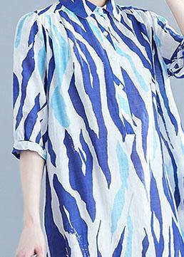 Vivid Lapel Half Sleeve Chiffon Dresses Runway Blue Striped Dress