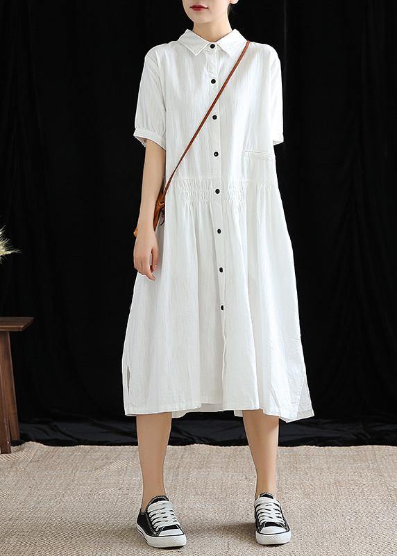 Vivid Lapel Cinched Cotton Linen Wardrobes Sleeve White Dresses