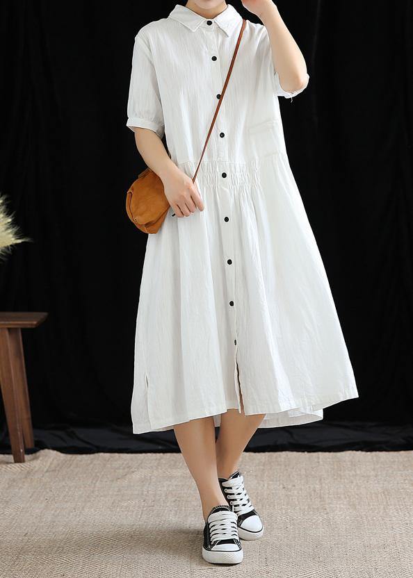 Vivid Lapel Cinched Cotton Linen Wardrobes Sleeve White Dresses