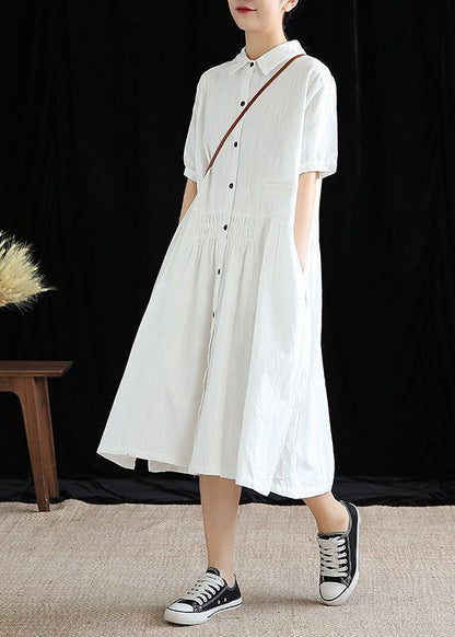 Vivid Lapel Cinched Cotton Linen Wardrobes Sleeve White Dresses