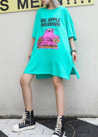Vivid Light Green Cotton Long Shirts O Neck Back Open Midi Summer Dress