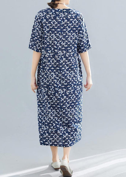Vivid Navy Print Cotton Linen Clothes for O Neck Pockets Maxi Summer Dress
