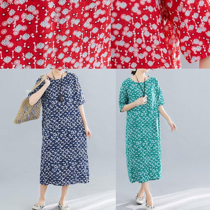 Vivid Navy Print Cotton Linen Clothes for O Neck Pockets Maxi Summer Dress