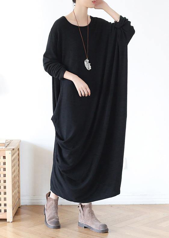 Vivid O Neck Asymmetric Cotton Spring Clothes Neckline Black Robe Dress