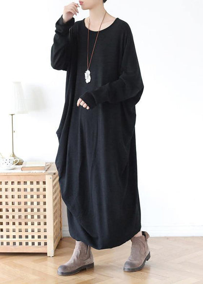 Vivid O Neck Asymmetric Cotton Spring Clothes Neckline Black Robe Dress