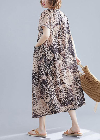 Vivid O Neck Cotton Clothes Linen Leopard Cotton Robes Dresses Summer