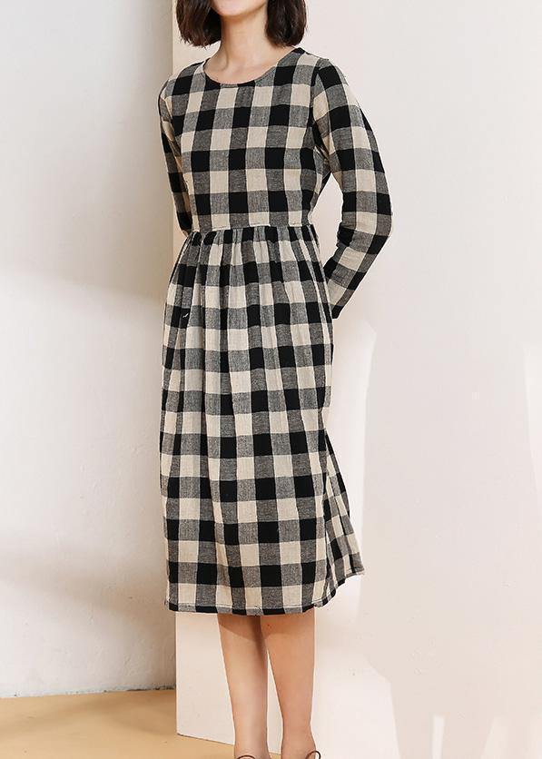Vivid O Neck Cotton Linen Spring Clothes Runway Black Plaid Dress