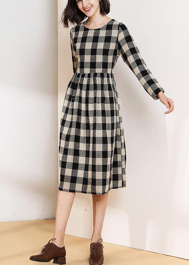 Vivid O Neck Cotton Linen Spring Clothes Runway Black Plaid Dress