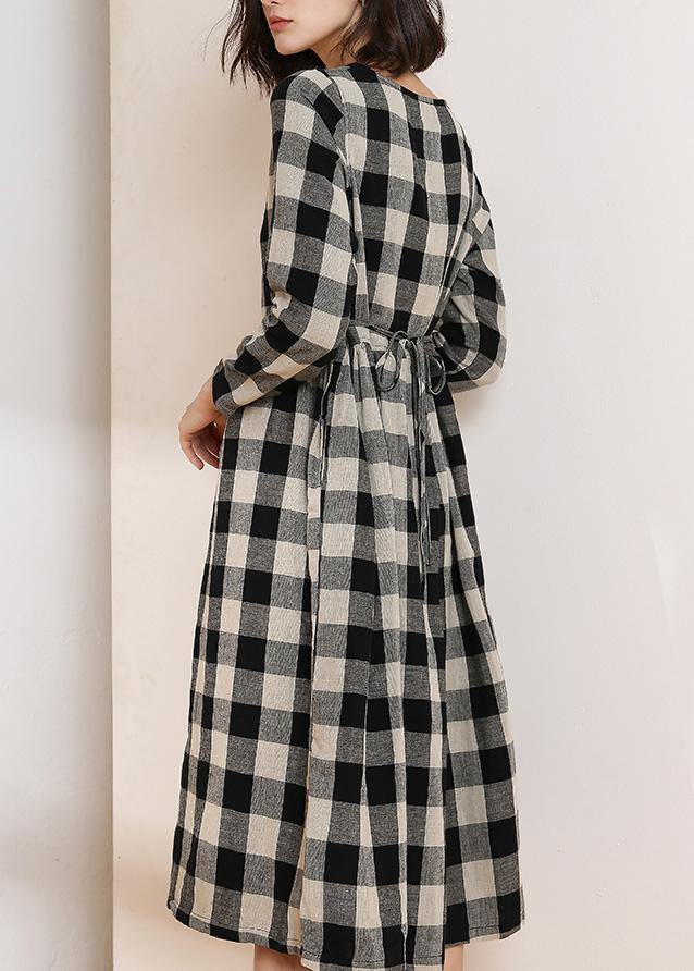 Vivid O Neck Cotton Linen Spring Clothes Runway Black Plaid Dress