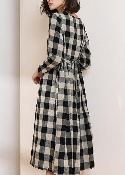 Vivid O Neck Cotton Linen Spring Clothes Runway Black Plaid Dress