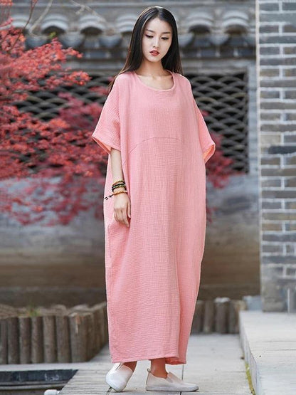 Vivid O Neck Half Sleeve Cotton Linen Quilting Clothes Neckline Pink Dress