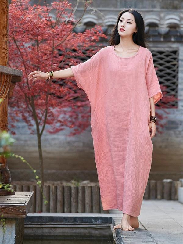 Vivid O Neck Half Sleeve Cotton Linen Quilting Clothes Neckline Pink Dress