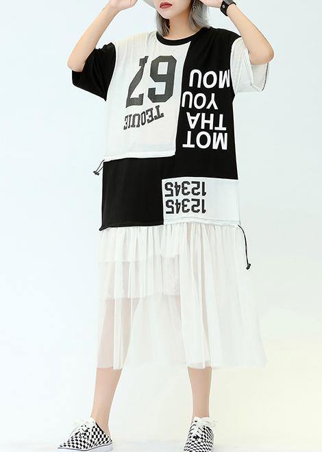 Vivid O Neck Patchwork Tulle Cotton Quilting Dresses Black Print Traveling Dresses Summer