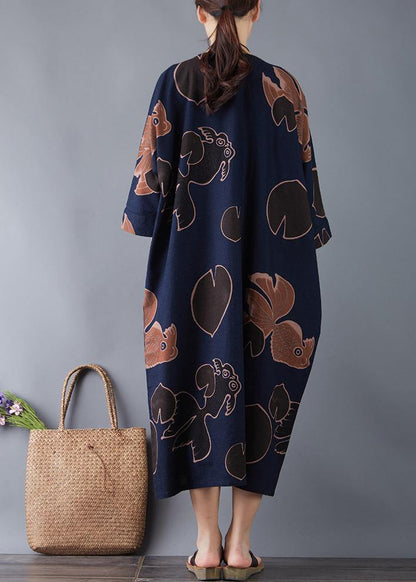 Vivid O Neck Pockets Cotton Navy Print Long Dresses Summer