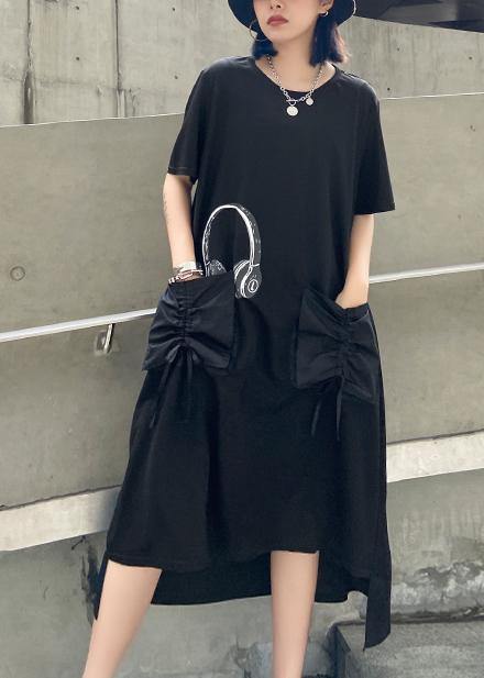 Vivid O Neck Pockets Cotton Summer Quilting Clothes Work Outfits Black Print Maxi Dress