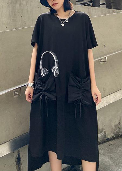 Vivid O Neck Pockets Cotton Summer Quilting Clothes Work Outfits Black Print Maxi Dress