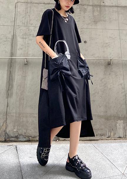 Vivid O Neck Pockets Cotton Summer Quilting Clothes Work Outfits Black Print Maxi Dress