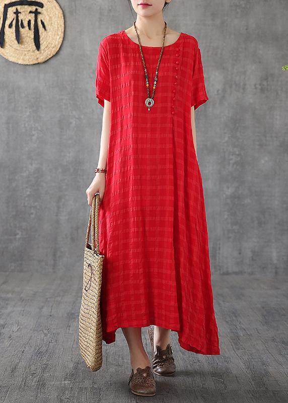 Vivid O Neck Short Sleeve Cotton Linen Robes Fabrics Red Plaid Dress