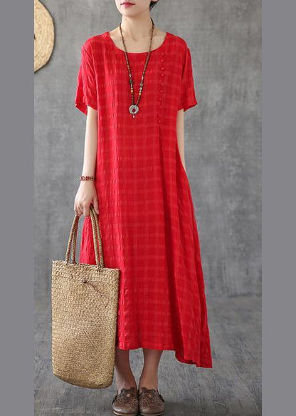 Vivid O Neck Short Sleeve Cotton Linen Robes Fabrics Red Plaid Dress