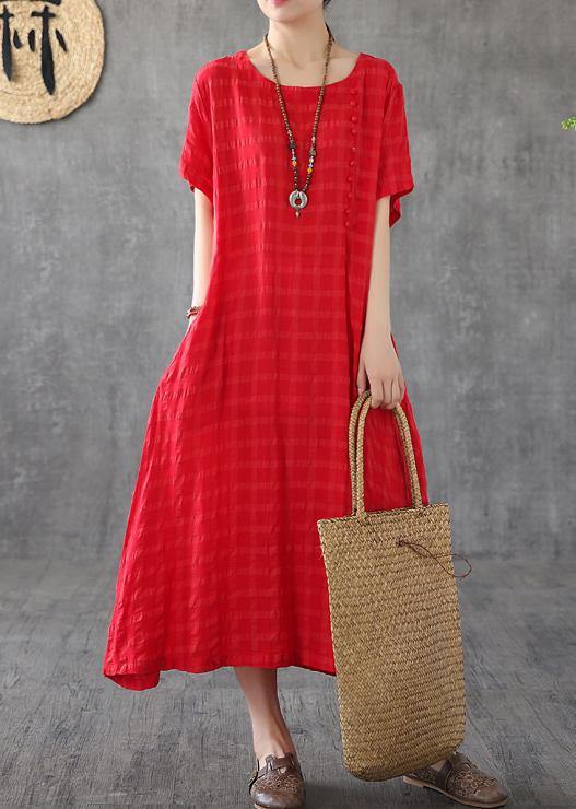 Vivid O Neck Short Sleeve Cotton Linen Robes Fabrics Red Plaid Dress