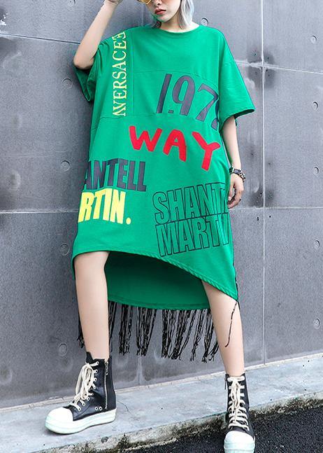 Vivid O Neck Tassel Cotton Clothes Sewing Green Print Dress Summer