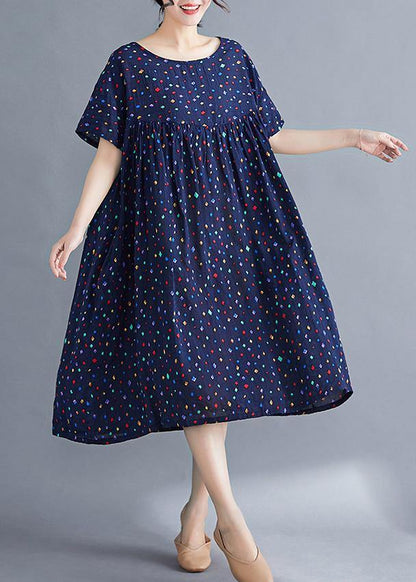 Vivid O Neck Cinched Cotton Dresses Sewing Blue Print Long Dresses Summer