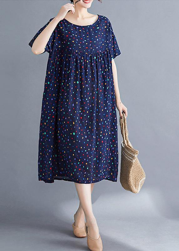 Vivid O Neck Cinched Cotton Dresses Sewing Blue Print Long Dresses Summer